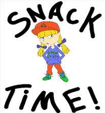 Cartoon girl in red cap and purple shirt holding snacks with "SNACK TIME!" text above and below.