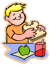 A cheerful cartoon boy with blond hair eats a sandwich at a table with a green apple and juice box.
