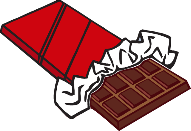 A cartoon-style chocolate bar with red wrapper partially unwrapped, revealing segmented dark chocolate pieces.
