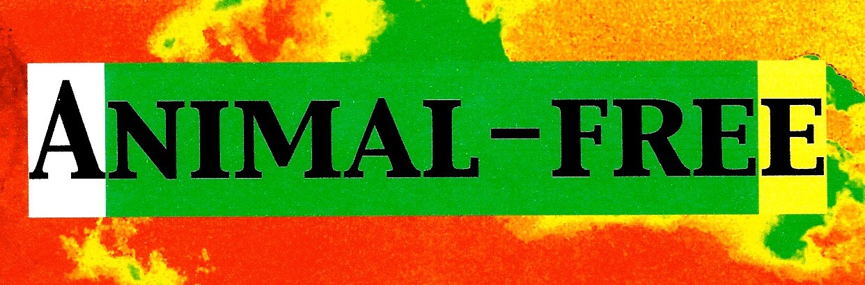 Bold "ANIMAL-FREE" text on green banner against fiery orange-yellow background.