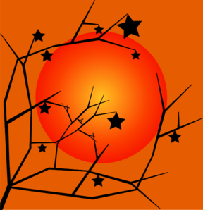 Spooky Halloween scene with black bare branches, scattered stars, and a glowing orange full moon against an orange sky.