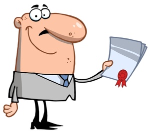 Cartoon businessman proudly holding a certificate with red wax seal.