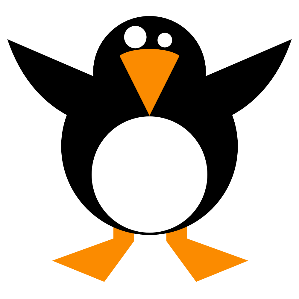 Stylized cartoon penguin with black body, white belly, orange beak and feet, arms raised in joyful pose.