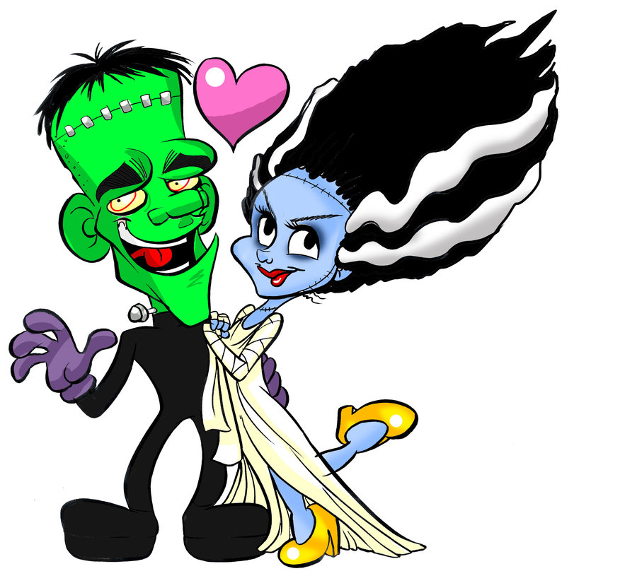 Frankenstein and Bride Cartoon Couple - Playful Halloween Illustration