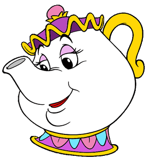 Mrs. Potts, the anthropomorphic teapot from Disney's *Beauty and the Beast*, smiling warmly with a purple and gold crown.