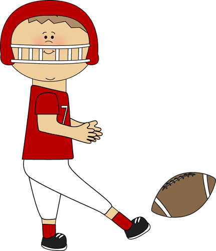 Cartoon boy in red football uniform kicking a football with helmet and faceguard.