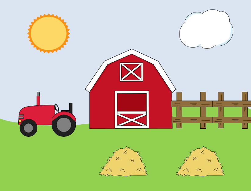 Red barn with white trim, red tractor, two hay bales, wooden fence, sunny sky with cloud