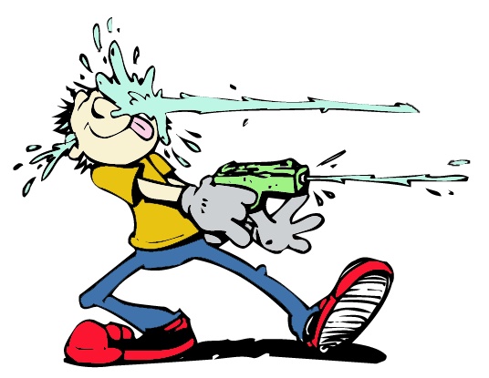 Cartoon boy gleefully spraying water from a green water gun, splashing his face with joyful expression.