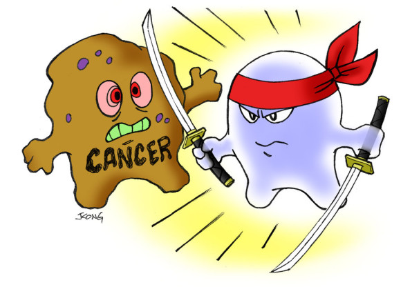 A cartoon ninja ghost wielding two swords confronts a brown, menacing cancer cell labeled "CANCER".