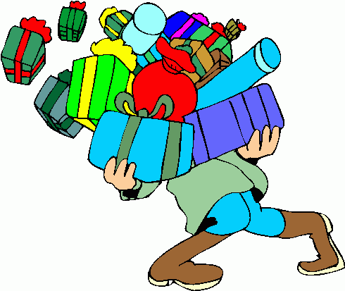 A cartoon person struggling to carry a large pile of colorful wrapped gifts and presents.