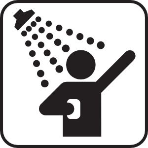 Person showering under a showerhead with water droplets, black-and-white pictogram icon.