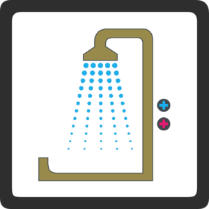 Gold showerhead with blue water droplets and temperature control buttons