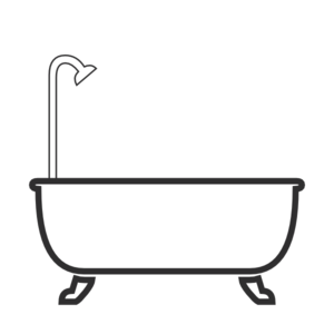 Classic clawfoot bathtub with overhead showerhead, black-and-white icon style
