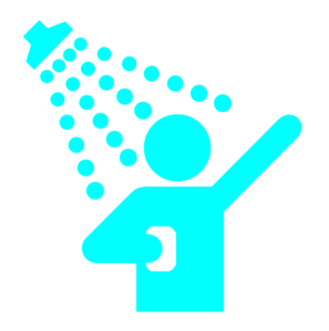 Person showering under water droplets from a showerhead, illustrated in cyan icon style.
