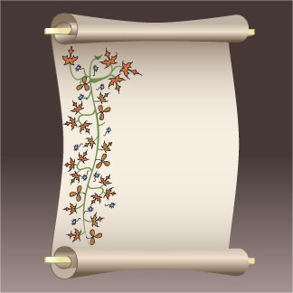 Decorative parchment scroll with autumn leaf and floral vine border on beige background.