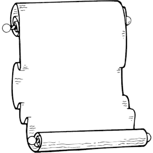 Hand-drawn illustration of an unrolled ancient parchment scroll with rolled ends and wooden dowels.