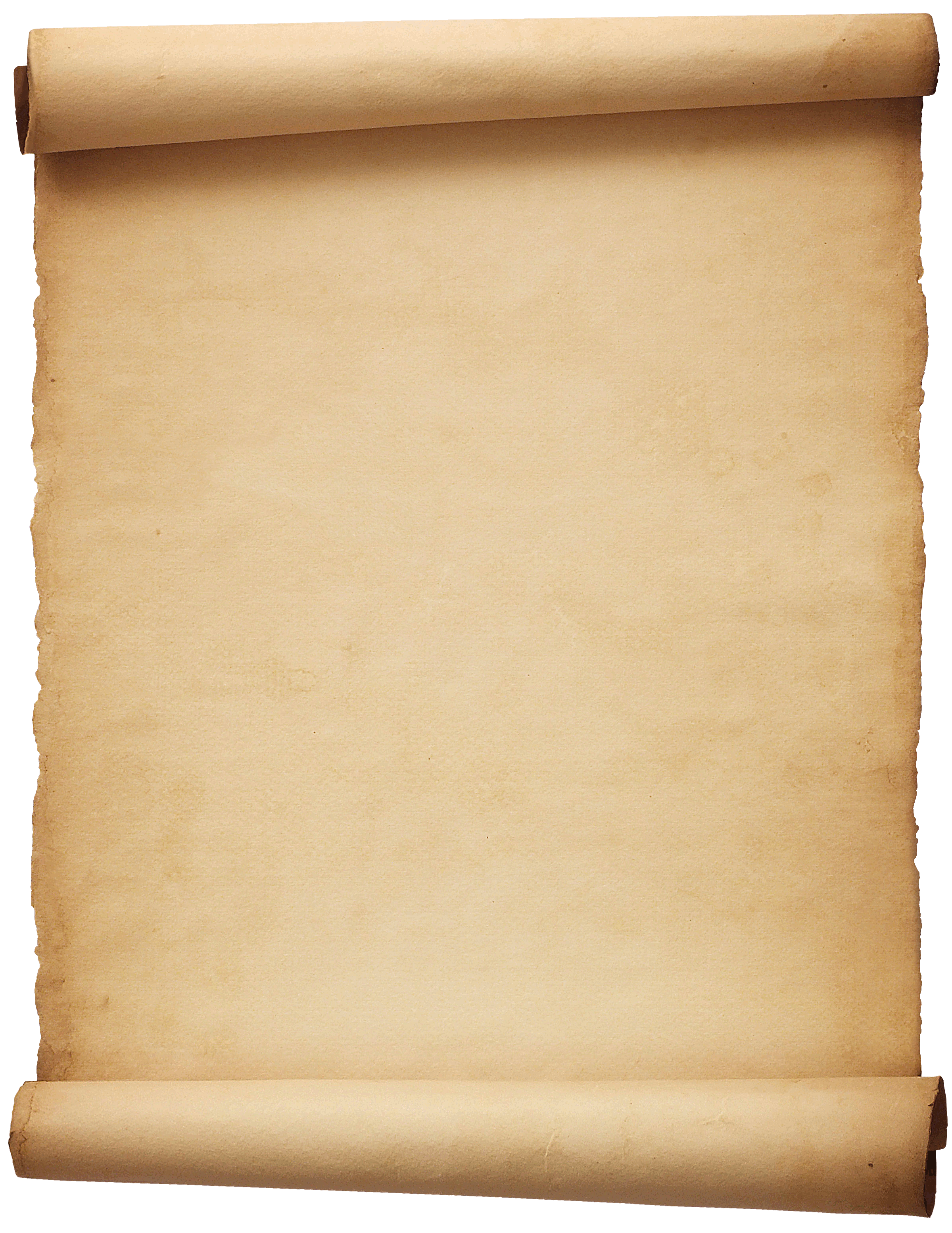 Vintage aged parchment scroll with rolled top and bottom edges, textured beige surface and torn sides.