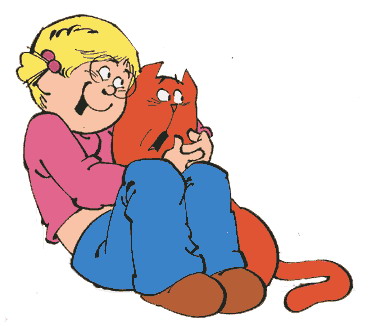 A smiling blonde girl in a pink shirt and blue jeans hugs a red cat while sitting on the floor.