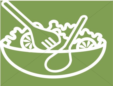 White line-art illustration of a fresh salad bowl with fork and spoon on green background.