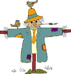 A cheerful cartoon scarecrow in a patched blue coat, orange hat, and yellow tie, with birds perched on its shoulders and head.