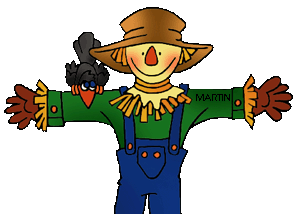Cheerful cartoon scarecrow with straw hat, green shirt, blue overalls, and a crow perched on its shoulder.