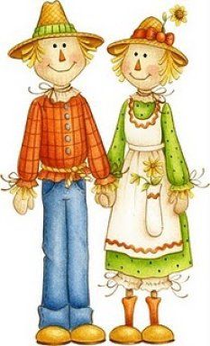 A cheerful male and female scarecrow couple holding hands, dressed in rustic farm attire with straw hats and smiling faces.