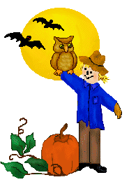 A cheerful scarecrow in a blue jacket and straw hat holds an owl on its arm, beside a pumpkin and bats flying near a full yellow moon.