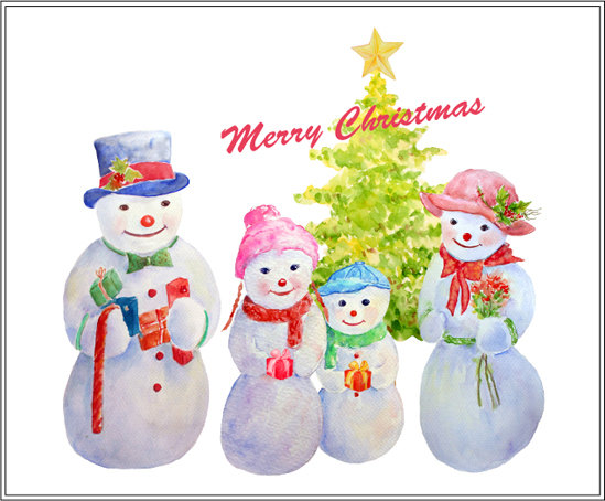 Watercolor illustration of a cheerful snowman family-father, mother, and two children-gathered around a decorated Christmas tree with "Merry Christmas" script.