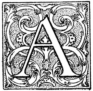 Ornate vintage letter "A" in an intricate Art Nouveau-style decorative border with swirling flourishes and dotwork patterns.