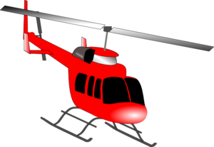 Red helicopter illustration with silver rotor blades and landing skids on black background.