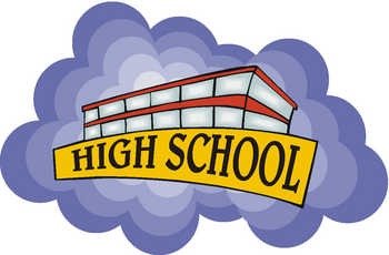 Cartoon-style high school building with red roof and yellow banner reading "HIGH SCHOOL" on purple cloud background.