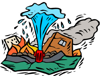 A red fire hydrant erupts with a powerful blue water jet, dousing flames and smoke from burning buildings in a cartoon-style illustration.