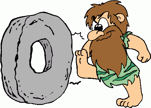 A cartoon caveman with a beard and leaf loincloth pushes a large stone wheel, straining with effort.