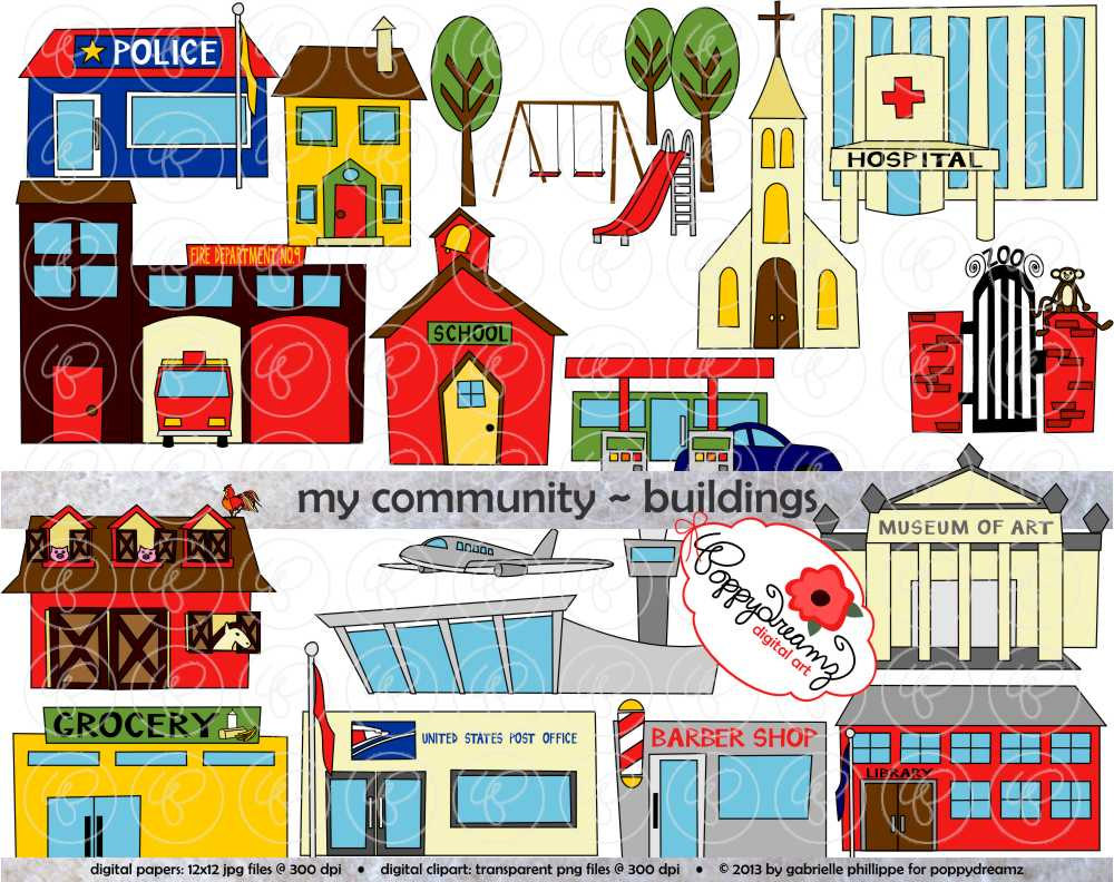 Colorful cartoon illustration of community buildings including police station, school, hospital, church, fire department, grocery, post office, and more.
