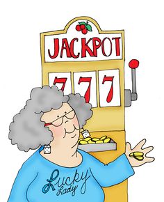 Lucky Lady Wins Jackpot - Cartoon Illustration of Slot Machine Victory