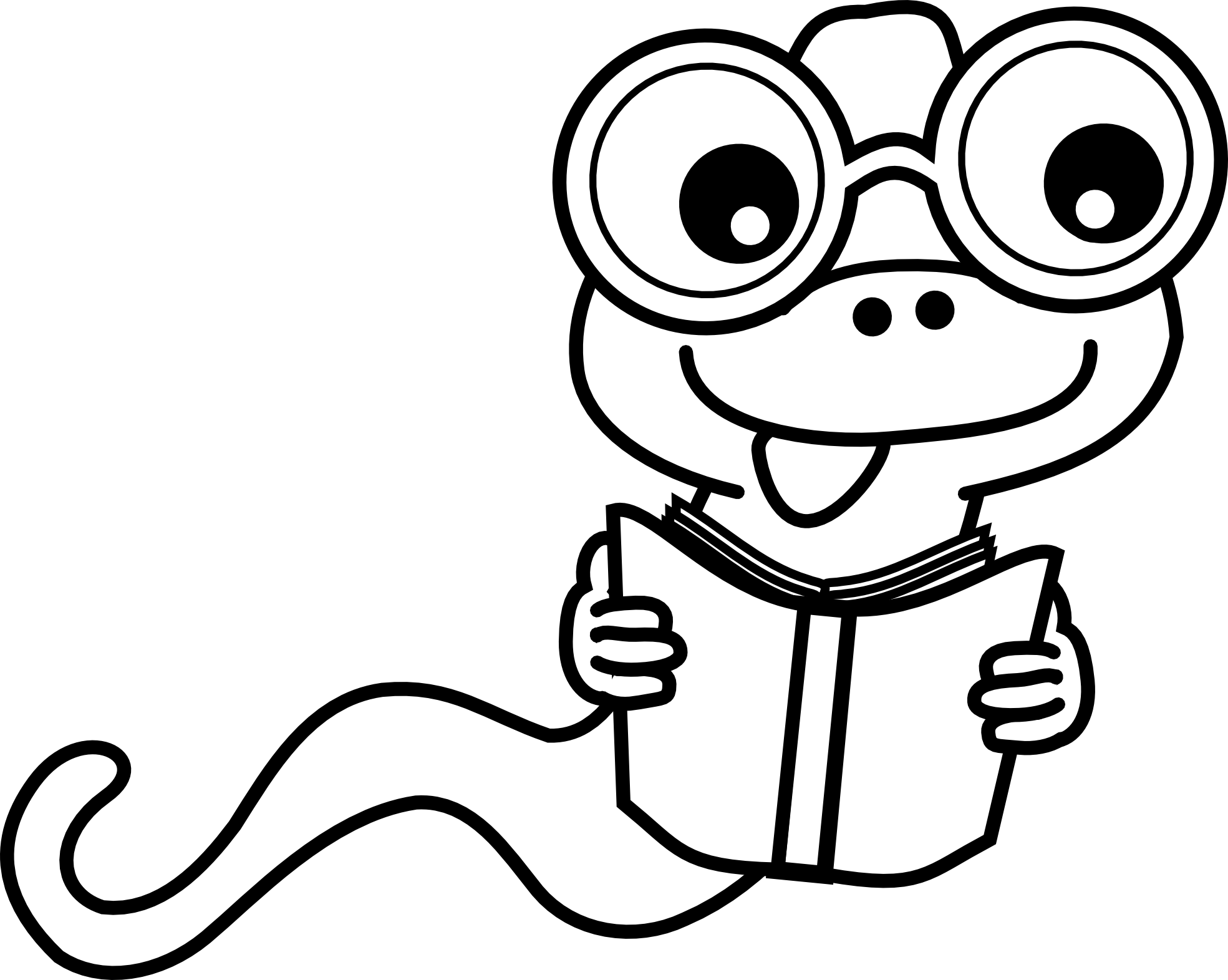 A cheerful cartoon snake wearing round glasses, happily reading an open book with its tongue out.
