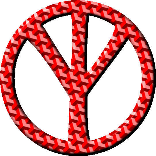 Red peace symbol with herringbone pattern and 3D effect on white background