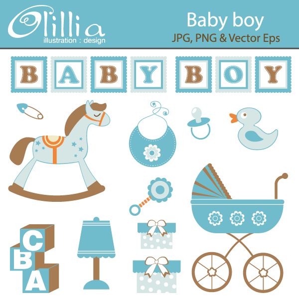 Collection of baby boy-themed illustrations including rocking horse, stroller, bib, pacifier, duck, blocks, and gift boxes in blue and brown tones.