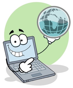Smiling cartoon laptop pointing at a globe, symbolizing global internet access and online connectivity.