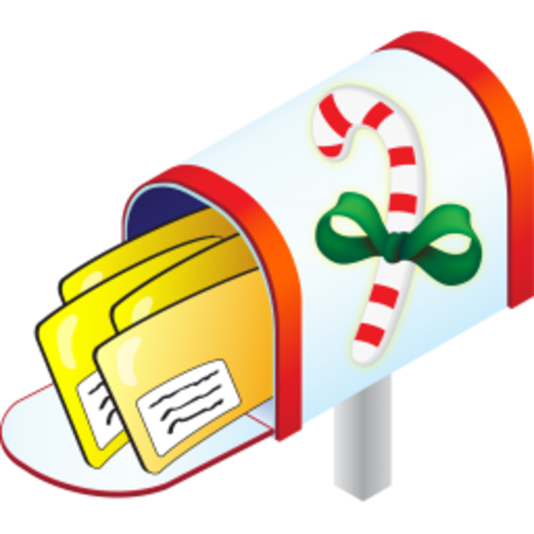 Festive mailbox with candy cane and green bow, filled with holiday mail envelopes.