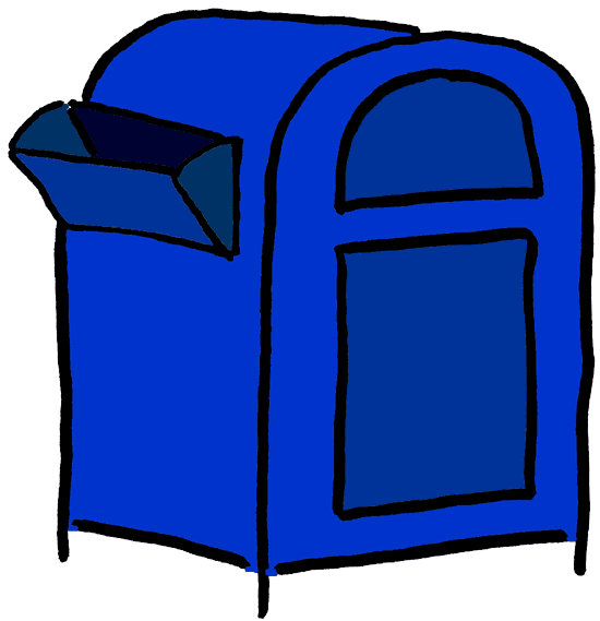 Blue cartoon-style recycling bin with open lid and window panel