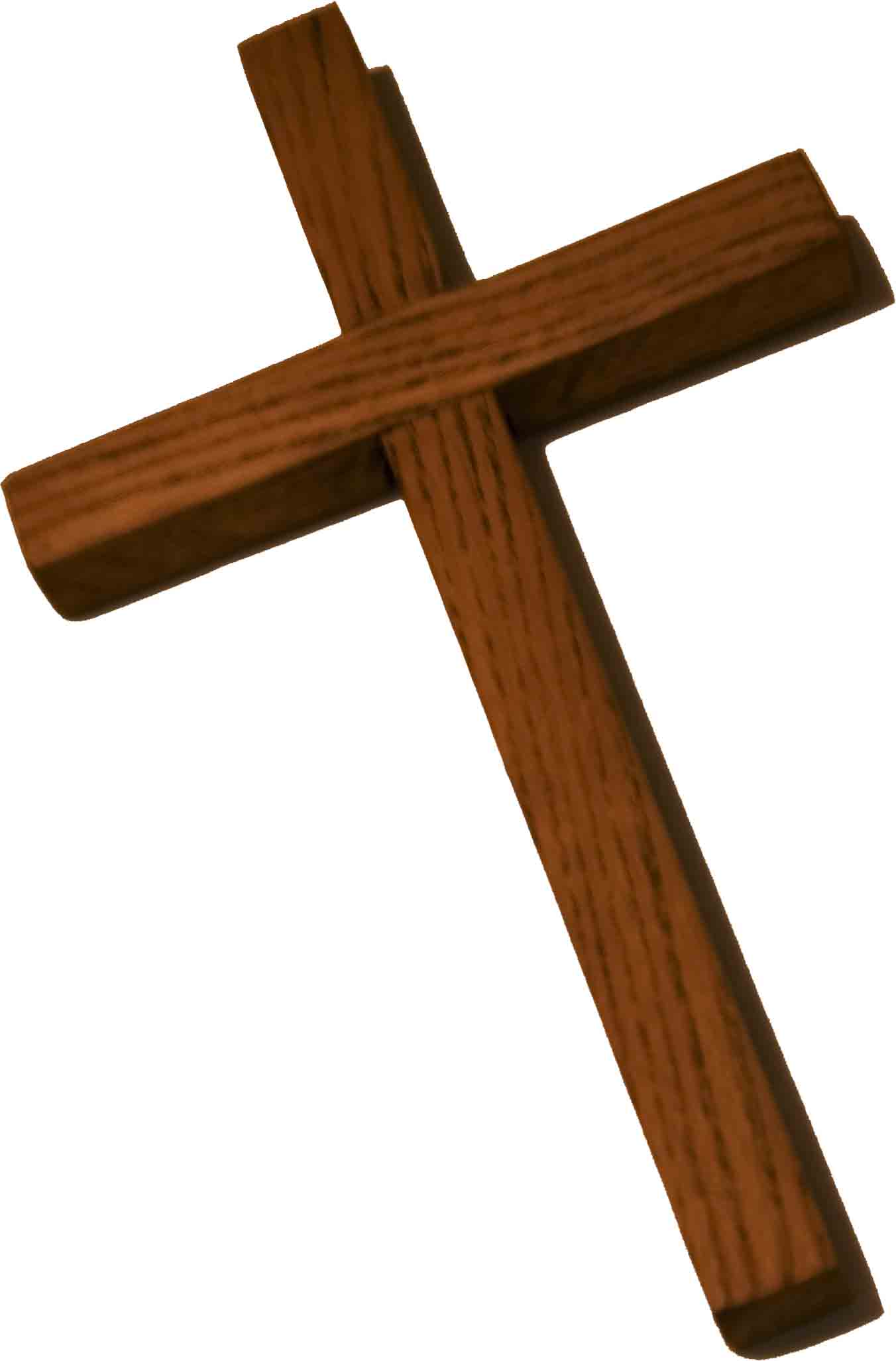 A simple wooden Christian cross with visible grain, set against a white background.
