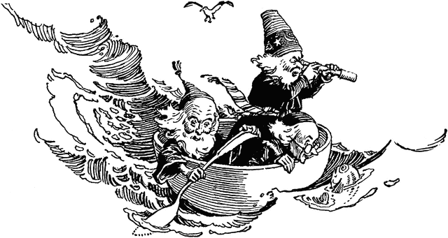 Three elderly wizards in a chaotic wooden boat, battling stormy waves while one peers through a spyglass and another rows frantically.