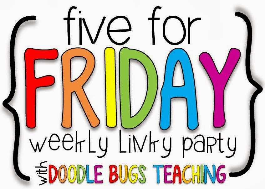Colorful "Five for Friday" weekly linky party graphic by Doodle Bugs Teaching, featuring rainbow letters and curly brackets.