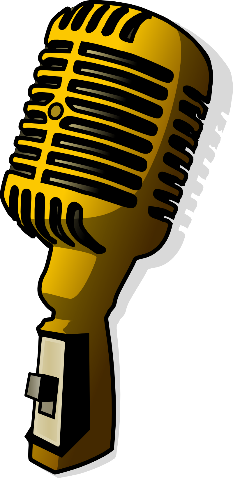 Vintage-style golden microphone with black grille and chrome accents, illustrated in bold cartoon style.