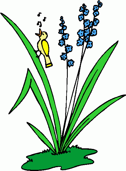 A cheerful yellow bird perched on a green leaf, singing with musical notes above its head, beside blue flowering stalks.