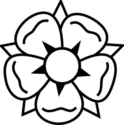 Black-and-white line drawing of a five-petaled Tudor rose with central starburst and pointed sepals.