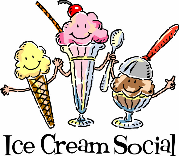 Three smiling anthropomorphic ice creams-a cone, a sundae, and a bowl-waving and holding utensils in a cheerful cartoon illustration.