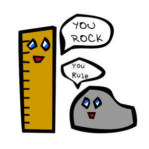 A cheerful yellow ruler and gray rock with cartoon faces, exchanging speech bubbles saying "YOU ROCK" and "You Rule".