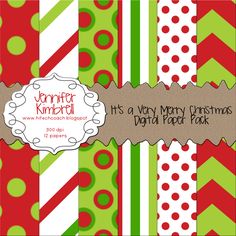 Festive red, green, and white Christmas digital paper pack with stripes, polka dots, and chevrons by Jennifer Kimberll.